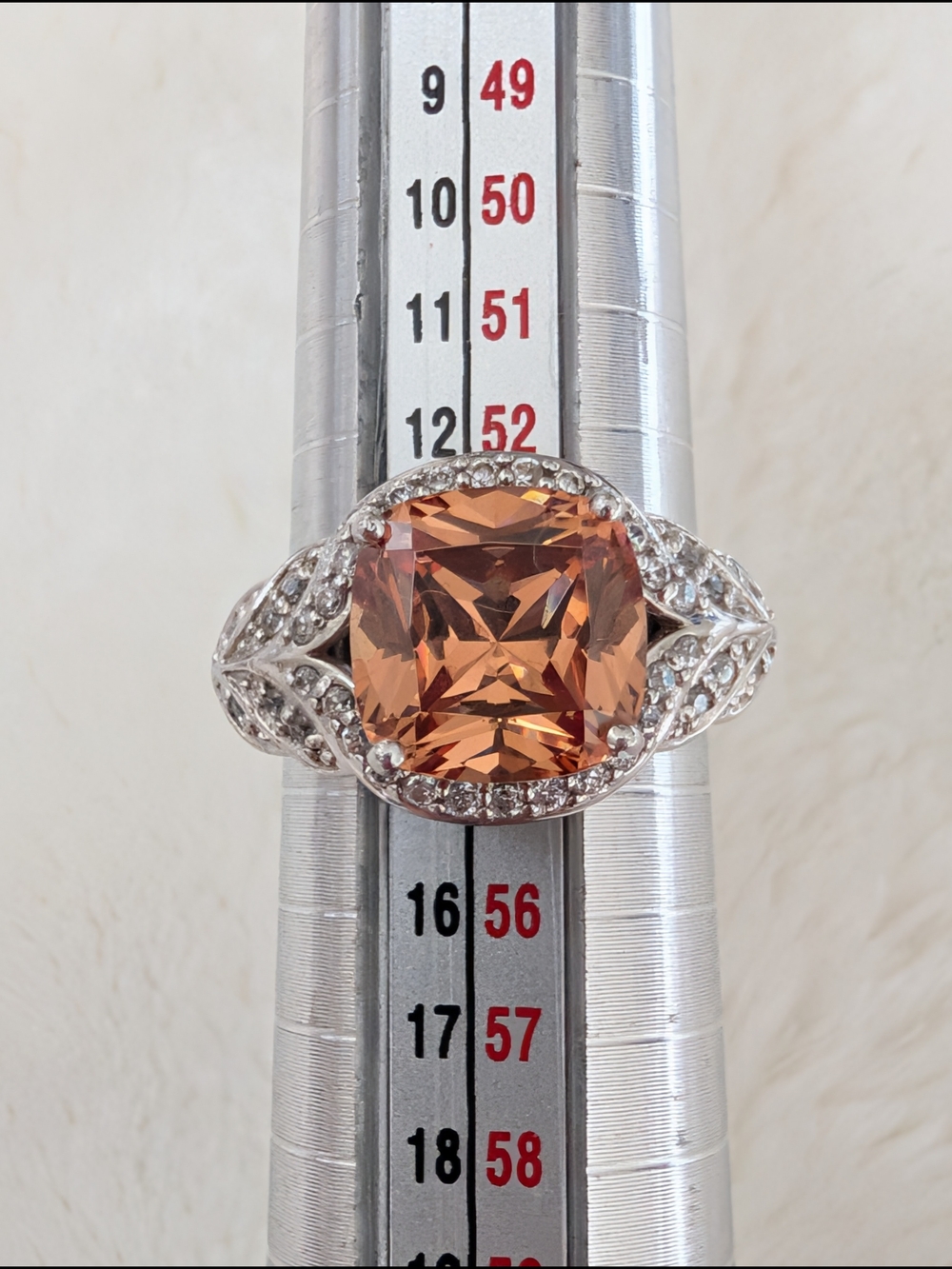 Champagne-Cut Morganite-Color Halo Ring in Silver-Tone Setting